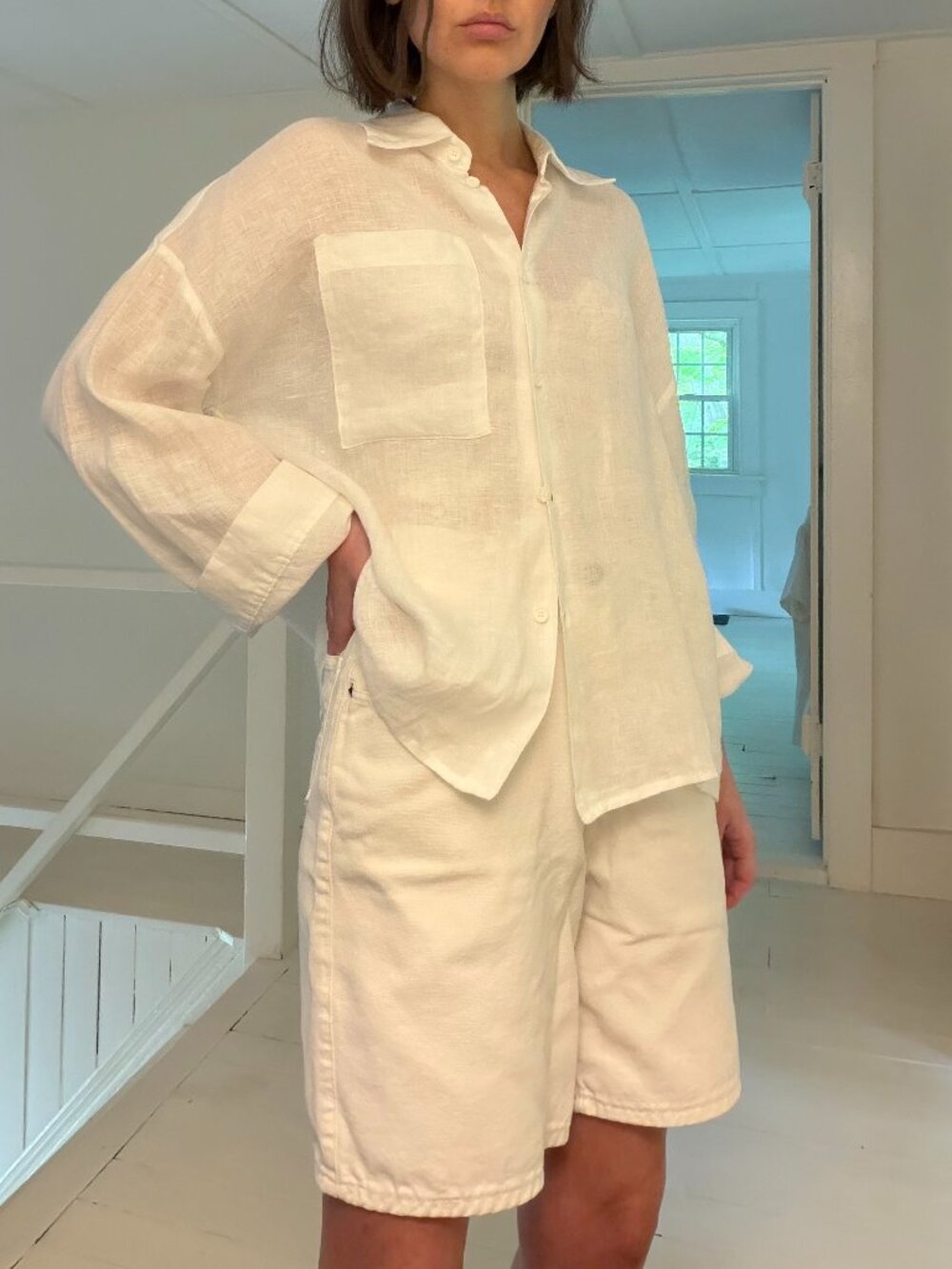 Liviana Conti Donna Linen Button Down Shirt Size 42 White